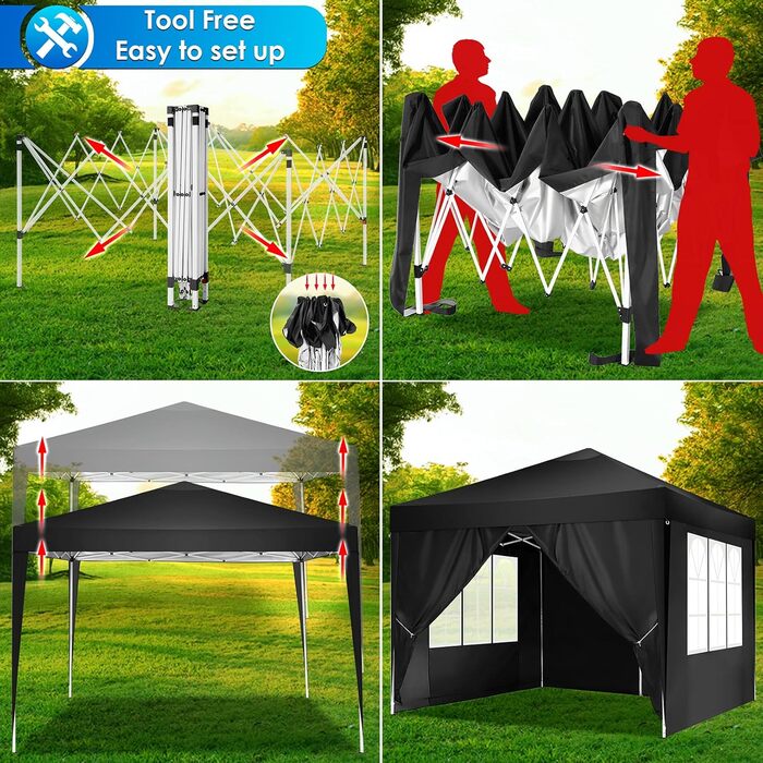 COBIZI Gazebo 3x3m Waterproof, Stable, Winter-Proof, Foldable Pop-up Gazebo Party Tent Garden Gazebo for Beach Wedding, with 4 Side Panels, UV Protection 50+, Adjustable Height, Black