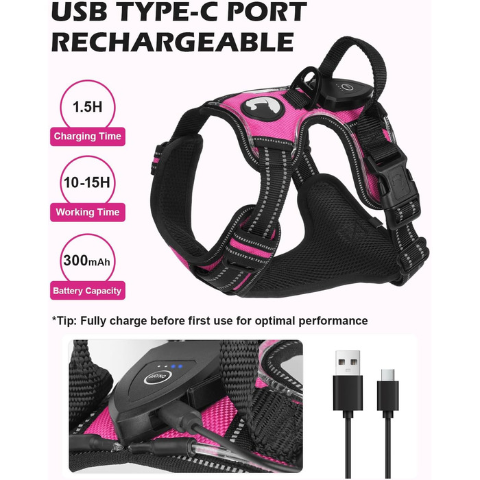 Світловідбиваючий нашийник для собак Joytale з LED, для середніх собак, не тягне, з ручкою, регульований, для нічних прогулянок, рожевий, розмір M (1 шт.)