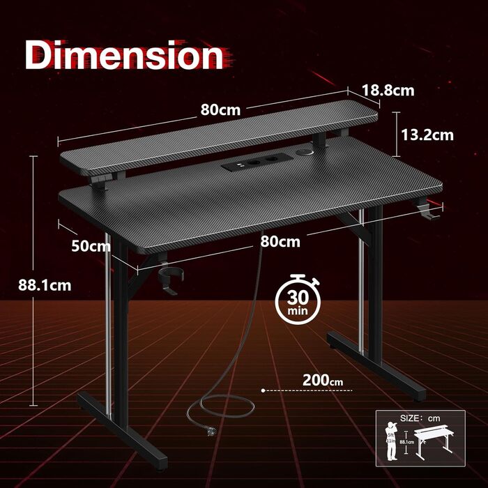 Small LED Gaming Desk with Power Outlets - 80cm Carbon Fiber PC Gamer Table