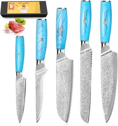 Ніж кухарський Kiritsuke з дамаської сталі, 18.8 см, VG-10, ергономічна ручка з натуральної смоли, подарункова коробка (блакитний)