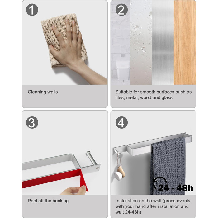 Тримач для рушників LIVEHITOP без свердління, нержавіюча сталь, самоклеючий, сріблястий, 43.5 см, з гачками для ванної кімнати (1 шт.)