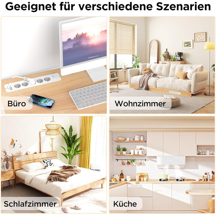 Мережевий адаптер з 2 USB-C (PD 20W) та 1 USB-A, 3 розетки з вимикачем, захист від перенапруги, кабель 1.5м (розподільник для столу)