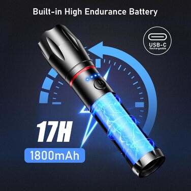 LED ліхтарик Blukar з підзарядкою, 2000L, Zoom, 5 режимів, водонепроникний IPX6, для кемпінгу, туризму, риболовлі, активного відпочинку та надзвичайних ситуацій