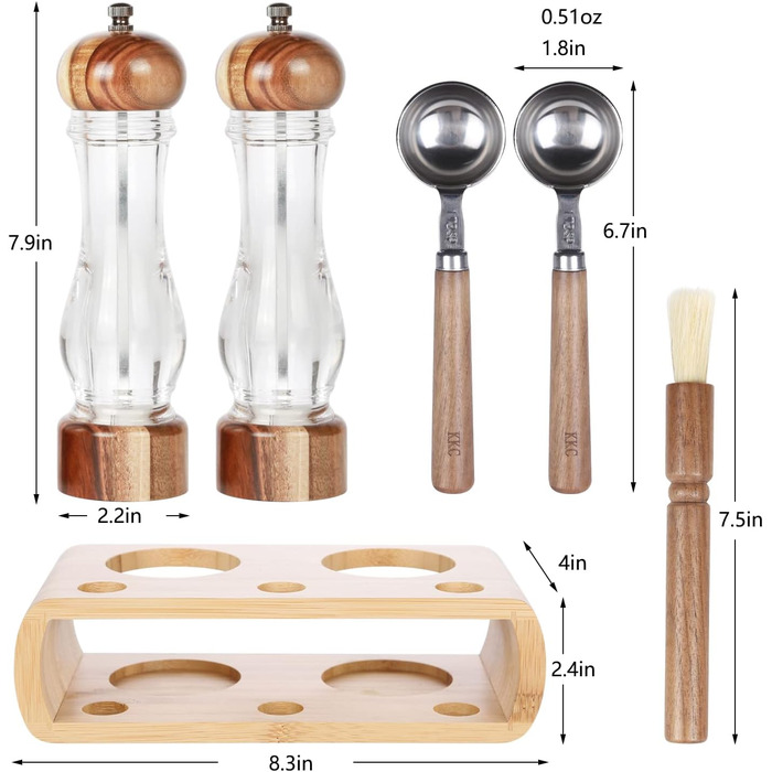 Набір для солі та перцю KKC з дерева, 8 дюймів, з регульованим керамічним механізмом, лопатки та щітка для дому та ресторану