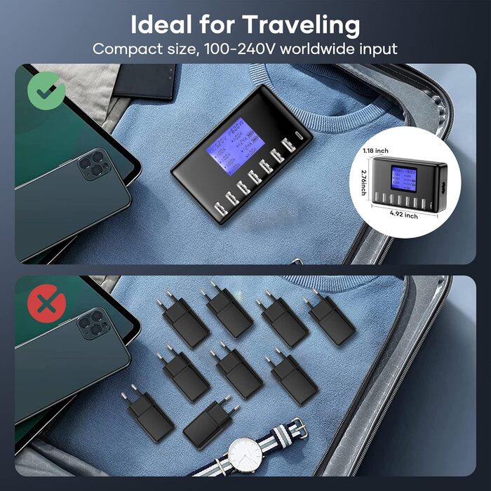 Зарядний пристрій USB 60W, 8 портів, з LCD дисплеєм, USB-C Hub для iPhone, iPad, Android, Samsung, Huawei, Kindle - Чорний