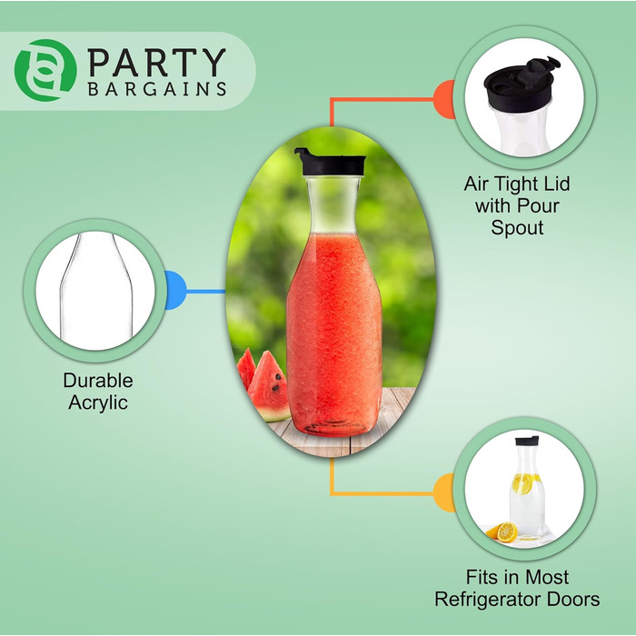 Party Bargains Plastic Carafe with Lid, Transparent, 2 Pack, Black Flip-Top Lid, Premium Quality and Robust Plastic Jug for Iced Tea, Powdered Juice, Cold Drinks, Mimosa Bar, 1.5 L