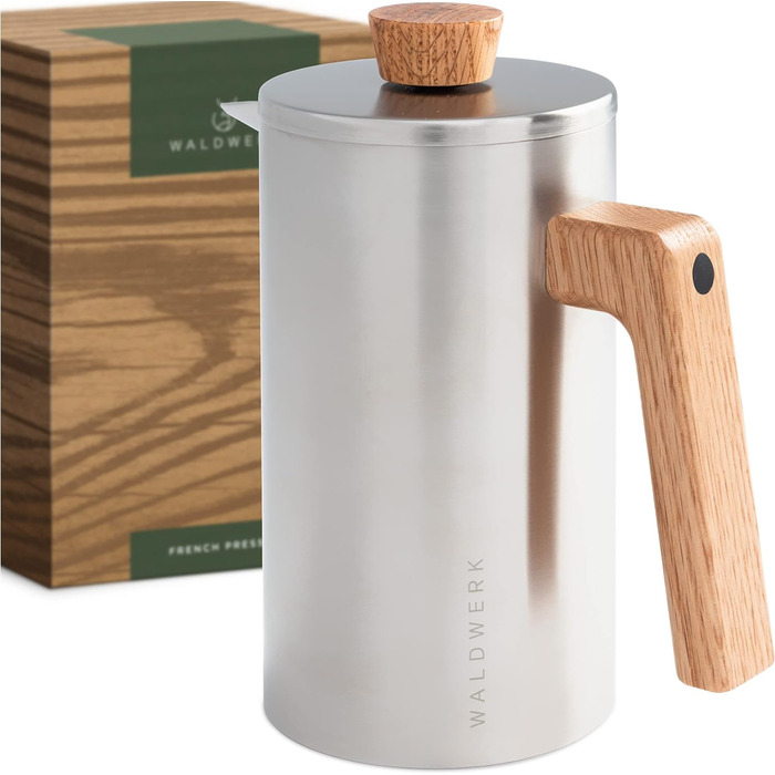 WALDWERK French Press (1L) - Coffee Maker made of double-walled stainless steel with an oak wood handle - plastic-free French Press 1L
