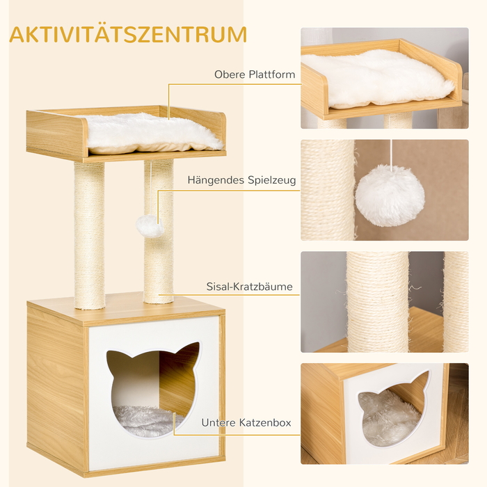 PawHut Cat Cave with Cat House & 2 Cushions, 2 Levels including Cat House, Toy with Ball, Cat Apartment, Sisal, Natural, 35 x 35 x 81 cm | Aosom
