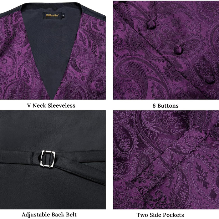 Набір DiBanGu для чоловіків: шовкова жилетка та краватка з паєтками, попередньо зав'язаний бантик, для весілля, свят, 6 шт., колір: фіолетовий (M)