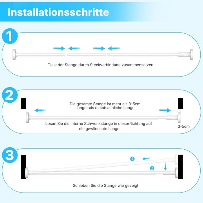 Штанга для карнизів без свердління, 100-230 см, регульована телескопічна штанга для душу, вікна та балкону (діаметр 25 мм, білий)