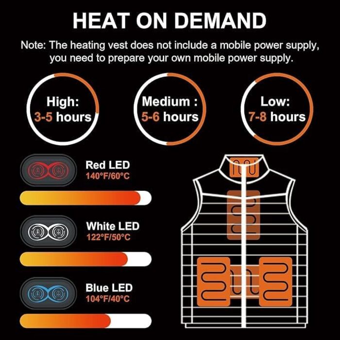 Тепла флісова жилетка для чоловіків з регулюванням 3 рівнів нагріву, 5 зон нагріву, чорна, XXL. Підходить для активного відпочинку: їзди на конях, катання на лижах, риболовлі. (Акумулятор не входить до комплекту)