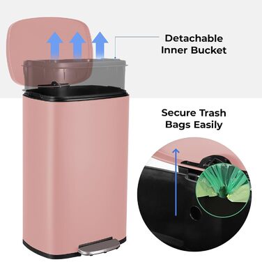 Відро для сміття LIFERUN 30л з кришкою, м'яким закриттям, з внутрішнім відром, сталеве, для кухні, ванної кімнати, офісу, рожеве