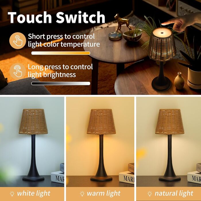 Зовнішня LED-лампа Mr. White з акумулятором, вологостійка, бездротова, торшероподібна, з регулюванням яскравості для ресторану, кухні, патіо, їдальні (золотиста) (чорна + ротанговий абажур)