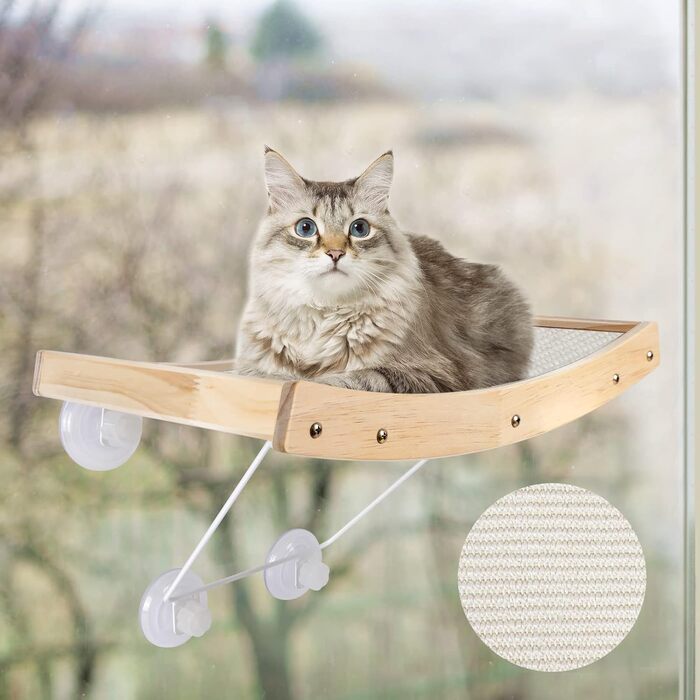 Zonema ZNM Cat Window Perches - Cat Hammock Sisal, Solid Wood Frame, Cat Bed Window with Strong Suction Cups, Cat Hanging Bed Window, Space-Saving Design, Holds up to 18KG