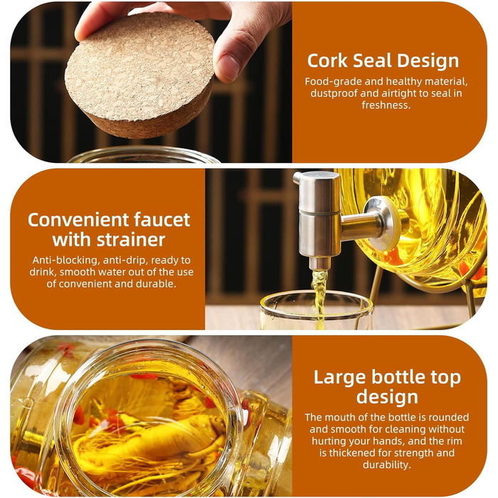 Barrel-shaped drink dispenser, 3L/5L glass water dispenser with stand, barrel decanter with tap, alcohol dispenser ideal for wine, whiskey, beer, juices, lemonade, gifts for friend, husband, father (5L, glass barrel)