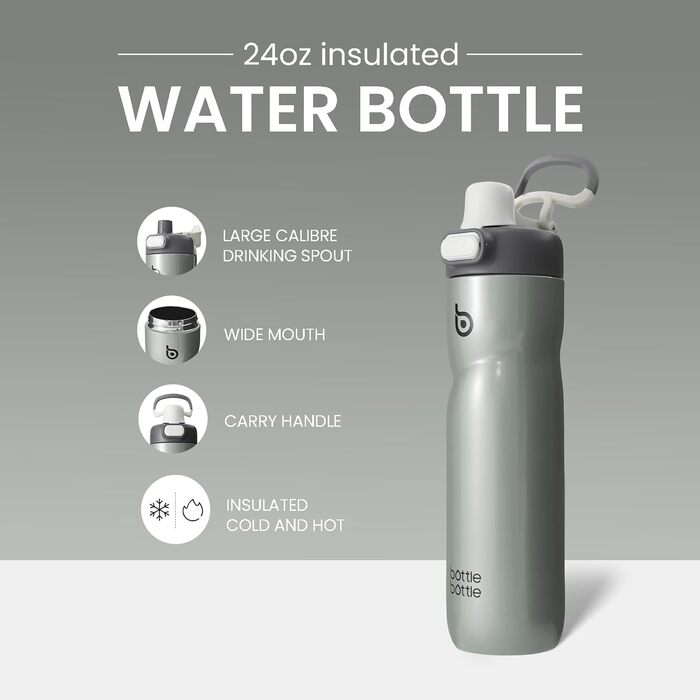 BOTTLE BOTTLE Insulated Water Bottle, 680 ml, with Handle and Flip-Top Lid, Bicycle Water Bottle, Push-Button Lid, Leak-Proof, Portable, for Travel, Sports, Riding, Green (Gray)