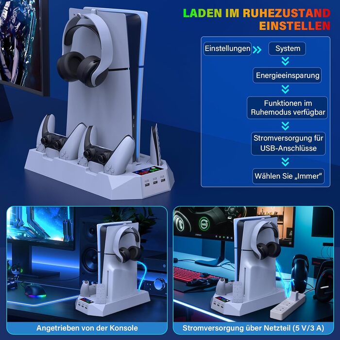 Підставка для PS5 Slim/Pro з зарядною станцією для контролера PlayStation 5 (Disc/Digital), аксесуари PS5 з RGB підсвіткою, вентилятором, тримачем для навушників, USB хабом, чорно-білий (Perlweiß Q311)