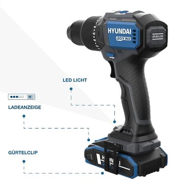 Акумуляторний ударний шурупокрут Hyundai HD20X-60-2A1 | 20V, безщітковий двигун, 60 Nm, патрон 13 мм, 2-швидкісне металеве редуктор, комплект: шурупокрут, акумулятор 2.0Ah, зарядний пристрій, кейс