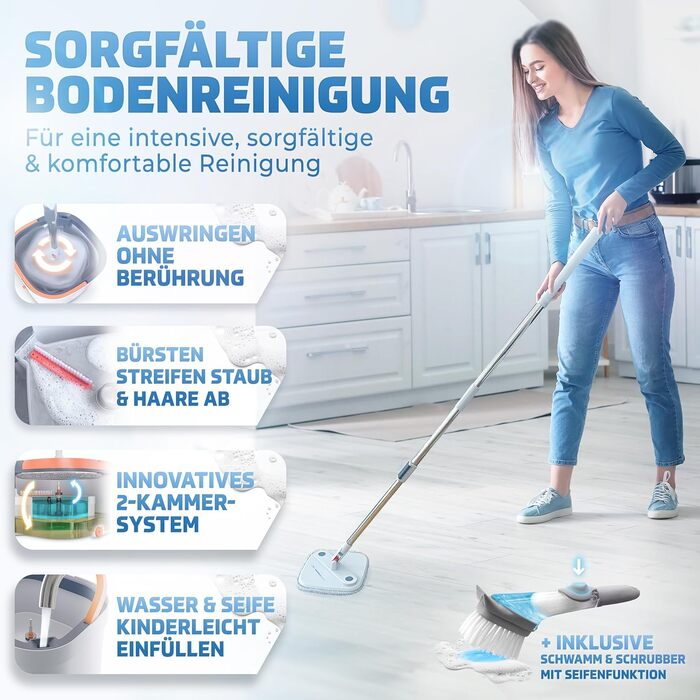 Набір для миття підлоги Wischmopp з відром | Система з 2 камери для розділення брудної та чистої води | Ефективний мийник підлоги з функцією віджиму | Сірі насадки