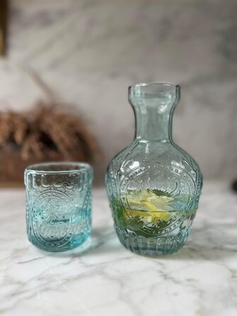 Curator Home Vintage Nightstand Water Carafe and Glass Set - 750 ml Capacity - Elegant Glass Jug for Water, Juice, or Wine - Stylish Home Decor for Kitchen or Dining Room (Light Blue)
