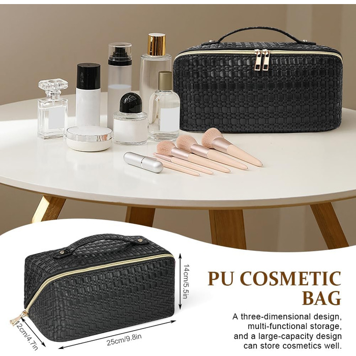 Косметичка для подорожей, PU шкіра, велика місткість, водонепроникна, чорна з геометричним візерунком