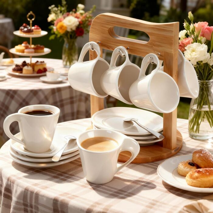 Набір еспресо-чашок з дерев'яним підставкою, 6 шт. по 80 мл, порцеляна, товстостінні, з підставками, для 6 осіб