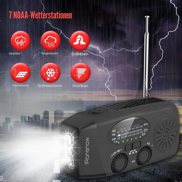 Сонячна радіостанція iRonsnow з ручним заводом, ліхтариком LED, 2000mAh AM/FM, USB зарядка, Powerbank, для походу, кемпінгу (Чорний)