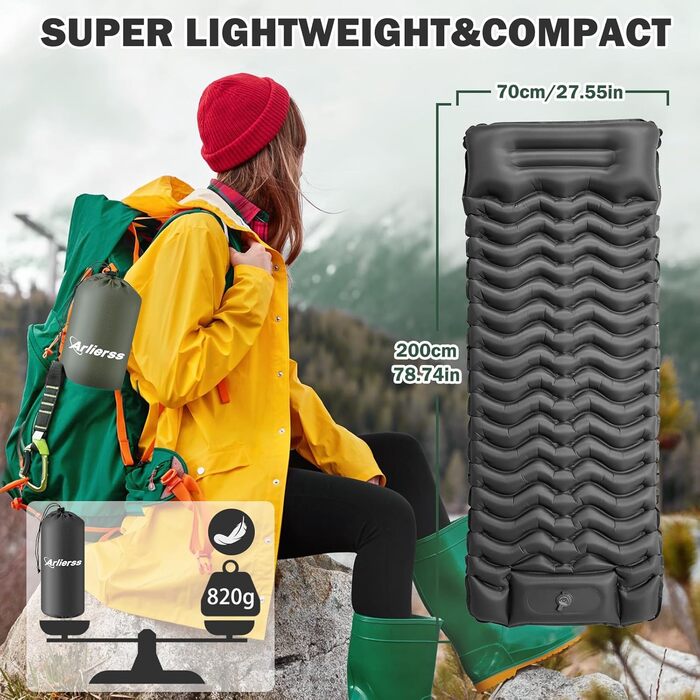 Надувний матрац Isomatte 12 см для кемпінгу з насосом та подушкою, сірий. Матрац для подорожей, пляжу, туризму, антирозривний, портативний