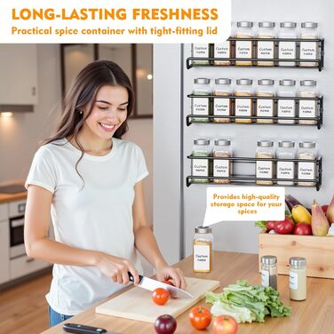 Спеція органайзер з 24 скляними баночками та етикетками, без свердління, настінний, підходить для стін та шаф, комплект з 4 шт.