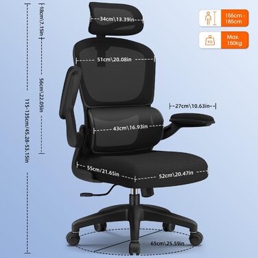Ергономічне крісло для офісу з регульованою підголовником, поперековою підтримкою та відкидними підлокітниками, крісло для начальника, 150 кг, чорний колір, модель 2
