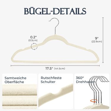 Плечики для одягу з велюру, 20 шт. - Плечики для економії місця, нековзні, міцні, 360° обертання - для сорочок, костюмів, светрів, штанів