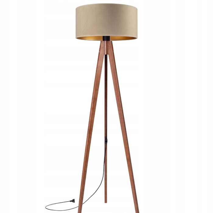 Підлогова торшерна лампа на дерев'яному тринозі (горіх) з велюровим абажуром бежево-золотистого кольору