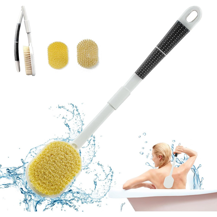 Рюкенbürсте для спини 50 см: складана щітка для душу з довгим руків'ям для ексфоліації, суха щітка для душу, щітка для ванни з змінною насадкою, підходить для людей похилого віку