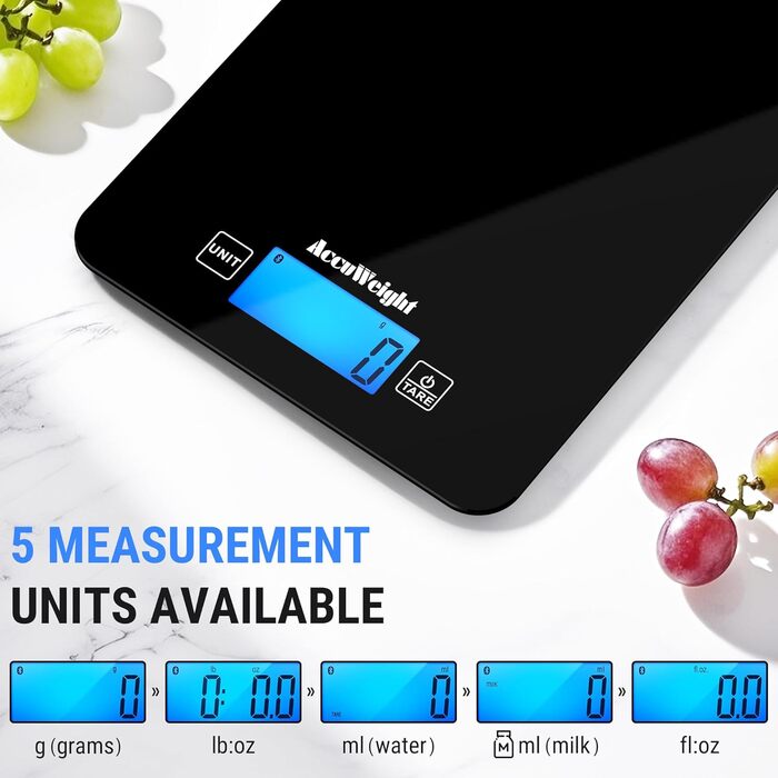 Кухонні ваги ACCUWEIGHT Bluetooth з підрахунком калорій (4 батарейки) Цифрова вага для їжі до 5 кг/11 фунтів з великим LCD-дисплеєм. Ваги з калорієметром для приготування їжі або схуднення CK780