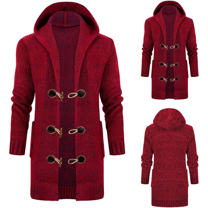Чоловіча в'язана кардиган-світшот з капюшоном та ґудзиками. Теплий чоловічий світшот з грубого в'язання для осені та зими (червоний, 3XL)