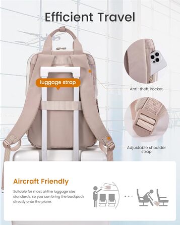 Рюкзак для ноутбука LOVEVOOK, 15.6 дюймів, жіночий, для школи/університету, подорожей, робочі будні. Водостійкий, елегантний, для дівчат-підлітків. Колір: бежево-рожевий