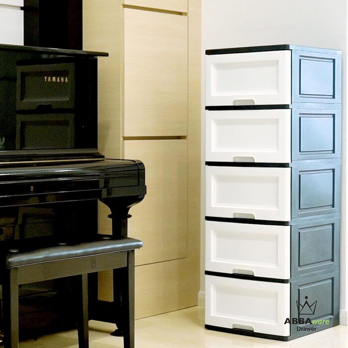 Chest of drawers 44x50x127 cm with 5 large XXL drawers, 40 liters per drawer, featuring fronts in beautiful candy colors and a modern look. Made from recyclable PP plastic (Black / White, Pine) for the environment.