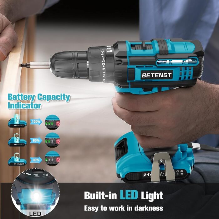 Акумуляторний шуруповерт BETENST 21V з 2 акумуляторами 2.0Ah, 42Nm, 25+3 ступені крутного моменту, 2 швидкості, LED-ліхтар, 30-ти елементний набір для дому та саду, DIY проєкти, блакитний