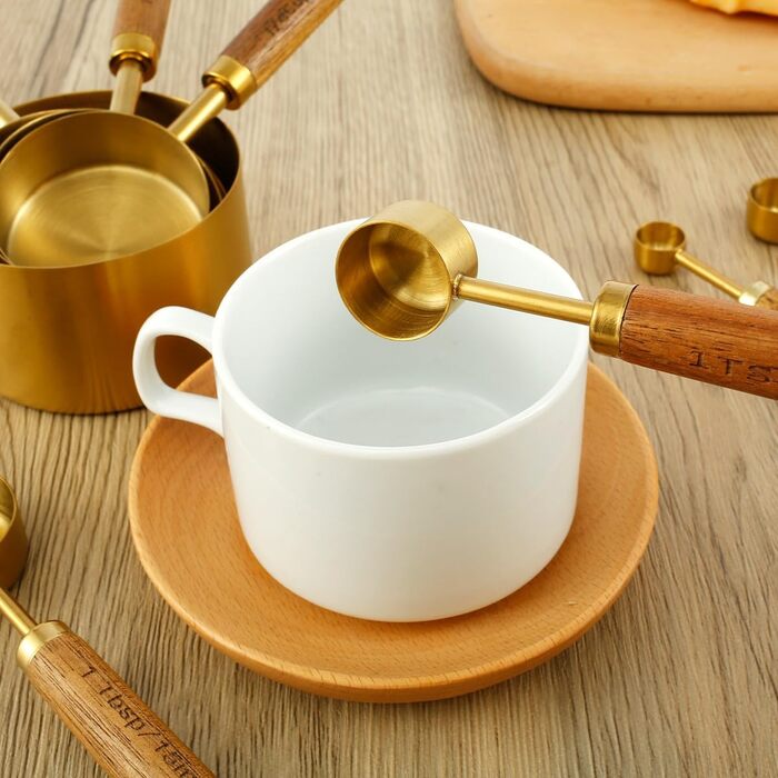 8-Piece Gold-Colored Measuring Cup and Spoon Set with Wooden Handle, Portable, Reusable, Stainless Steel Measuring Spoon Set with 8 Curved Hooks for Kitchen, Home, Baking