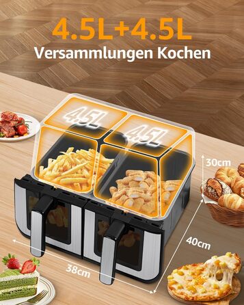 Фритюрниця повітряна Jacgood з 2 кошиками, 1800W, 9L, цифрове керування, 8 меню, з прозорим вікном