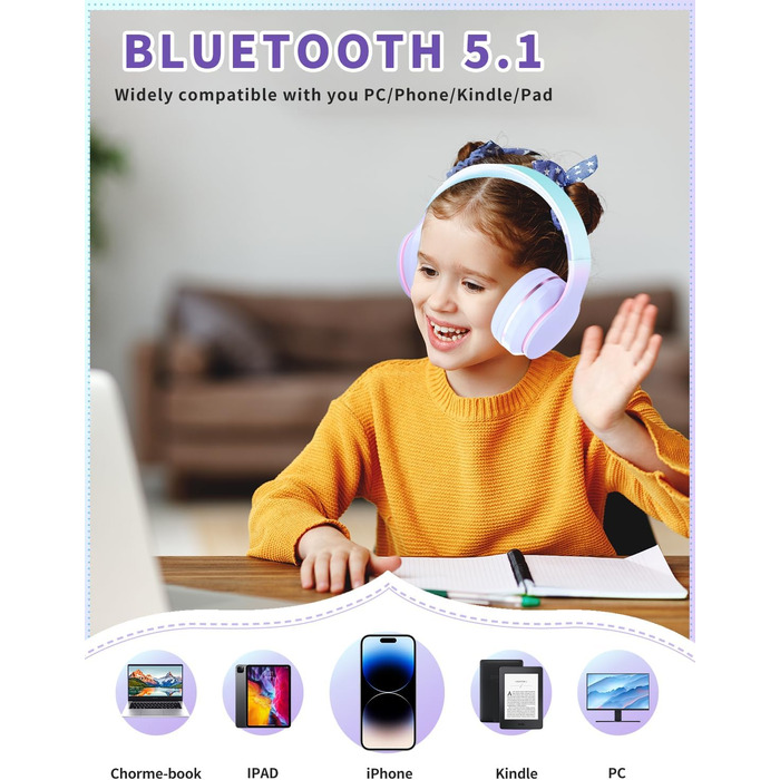 Xunpuls Бездротові навушники для дітей Bluetooth Over-Ear з мікрофоном (фіолетові)