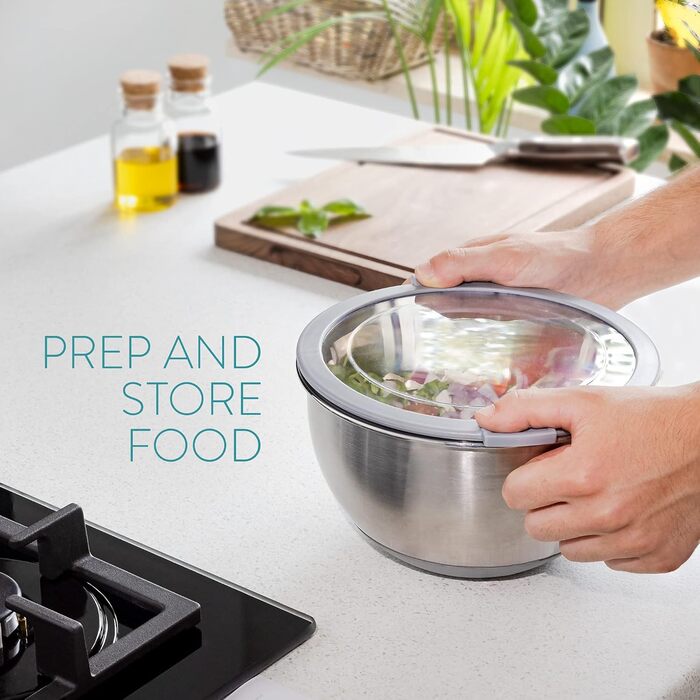Navaris Stainless Steel Bowl Set with Lid - 3-Piece Mixing Bowl Salad Bowl - Stainless Steel Bowl Bowl Set Container in Grey