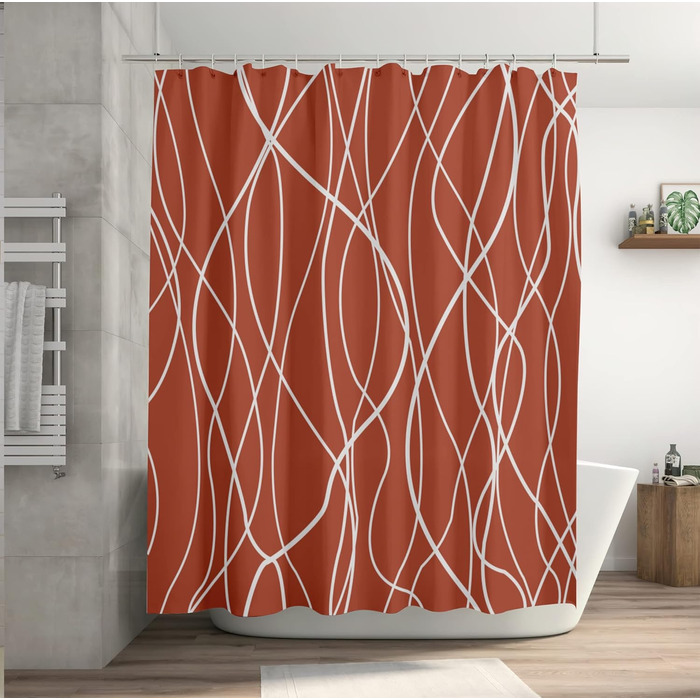 Шторка для душу M&W Design з поліестеру, з лініями, антигрибкова, водовідштовхувальна, з 12 гачками, обтяжена нижня частина, мінімалістичний дизайн, стійка до вицвітання, 180x200 см, білий (H200 x B180 см, упаковка 1 шт.), червоний