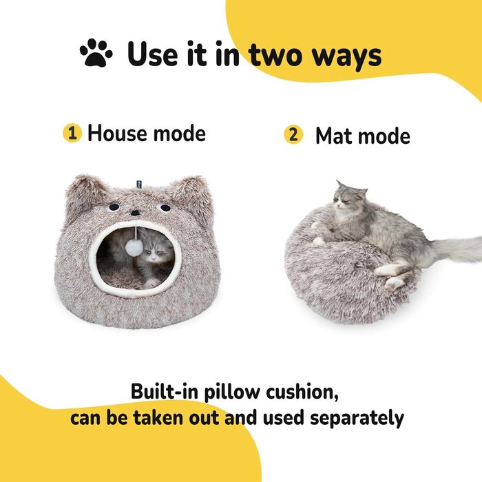 CATISM Cat Cave Cat Bed Washable Cat Sleeping Place for Cats Cute Monster Plush Pet Cat Head Pillow Cat House Cat Cushion Fluffy Kitten Puppy Snuggle Bed Pet Bed (Coffee)
