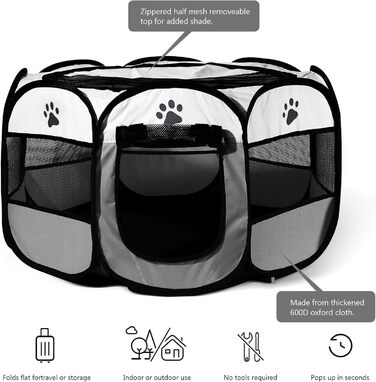 Клітка-забіг для собак та котів, переносний вольєр для тварин, 114x114x58 см, сірий