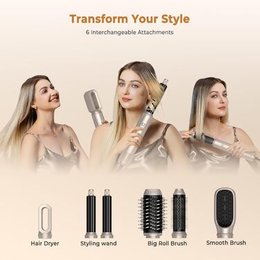 UKLISS Hairstyler 6 в 1 Airbrush: професійний набір для укладки волосся | 1000W | Air Curler, фен-щітка, стайлер для локонів, об'єму та випрямлення | Золотий