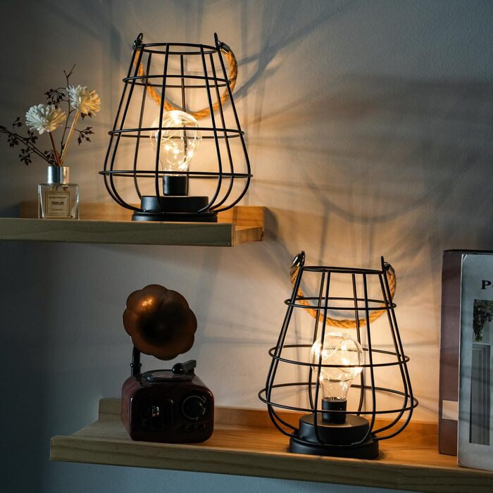 JHY DESIGN Набір з 2 декоративних настільних ламп-ліхтариків у стилі ретро, 22 см, на батарейках, LED Едісон, чорний колір