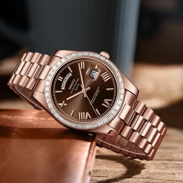 Годинник NIBOSI чоловічий аналоговий кварцовий з діамантовою безелем, сталевий циферблат, рожеве золото, срібло, водостійкий бізнес-класичний годинник з датою (рожево-коричневий)
