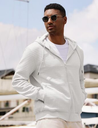 Світшот JMIERR чоловічий з капюшоном, світшот з довгим рукавом у вафельному стилі, повсякденна толстовка, світшот на блискавці з кишенями (білий, XL)