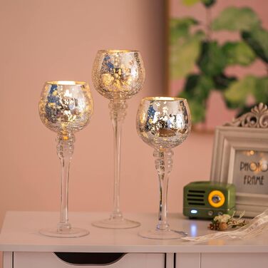 Romadedi Tealight Holder Candle Holder Glass Silver - Lantern Tealight Holder Decor Mercury 3-Piece Set 23.5/25.5/31.5 cm for Tealights Votive Candles, High Candles, Living Room Table Decoration, Wedding